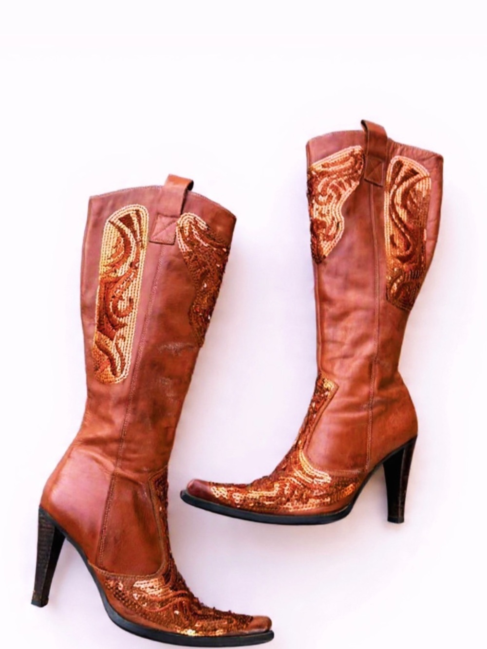 Rare! Dollhouse Copper Brown Sequin Western High-Heel Boots